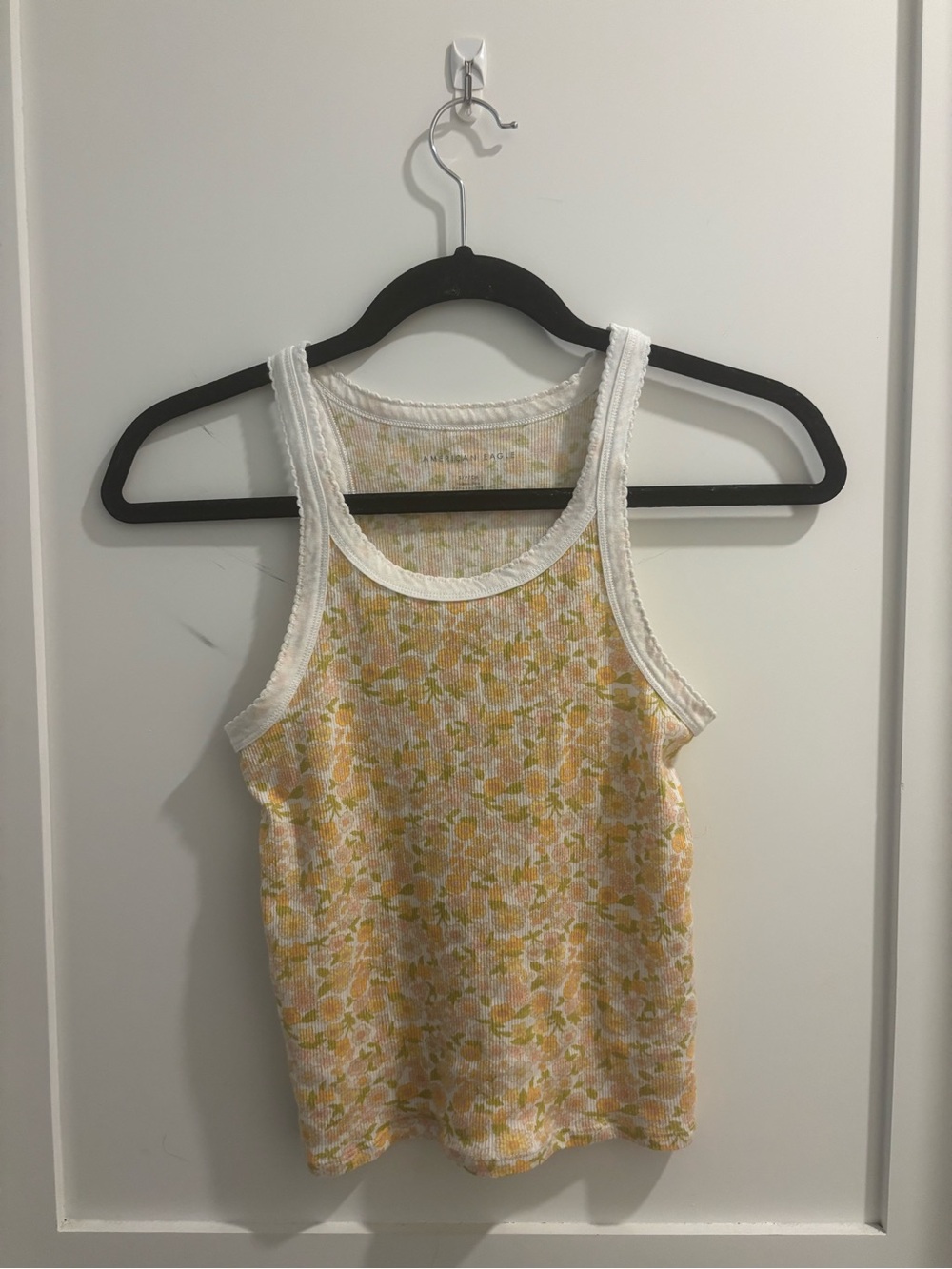 American Eagle Outfitters Pastel Floral Ribbed Tank with White Trim